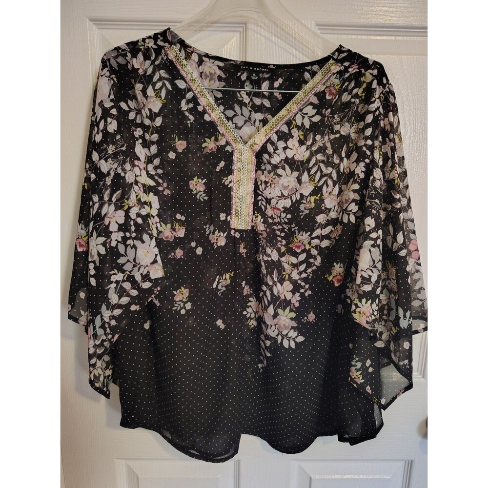 Zac & Rachel Women’s Black Floral Sheer V-Neck Lace Kimono 3/4 Blouse XL